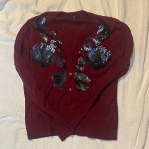 J. Crew Burgundy Cardigan with Navy Sequin Floral Design